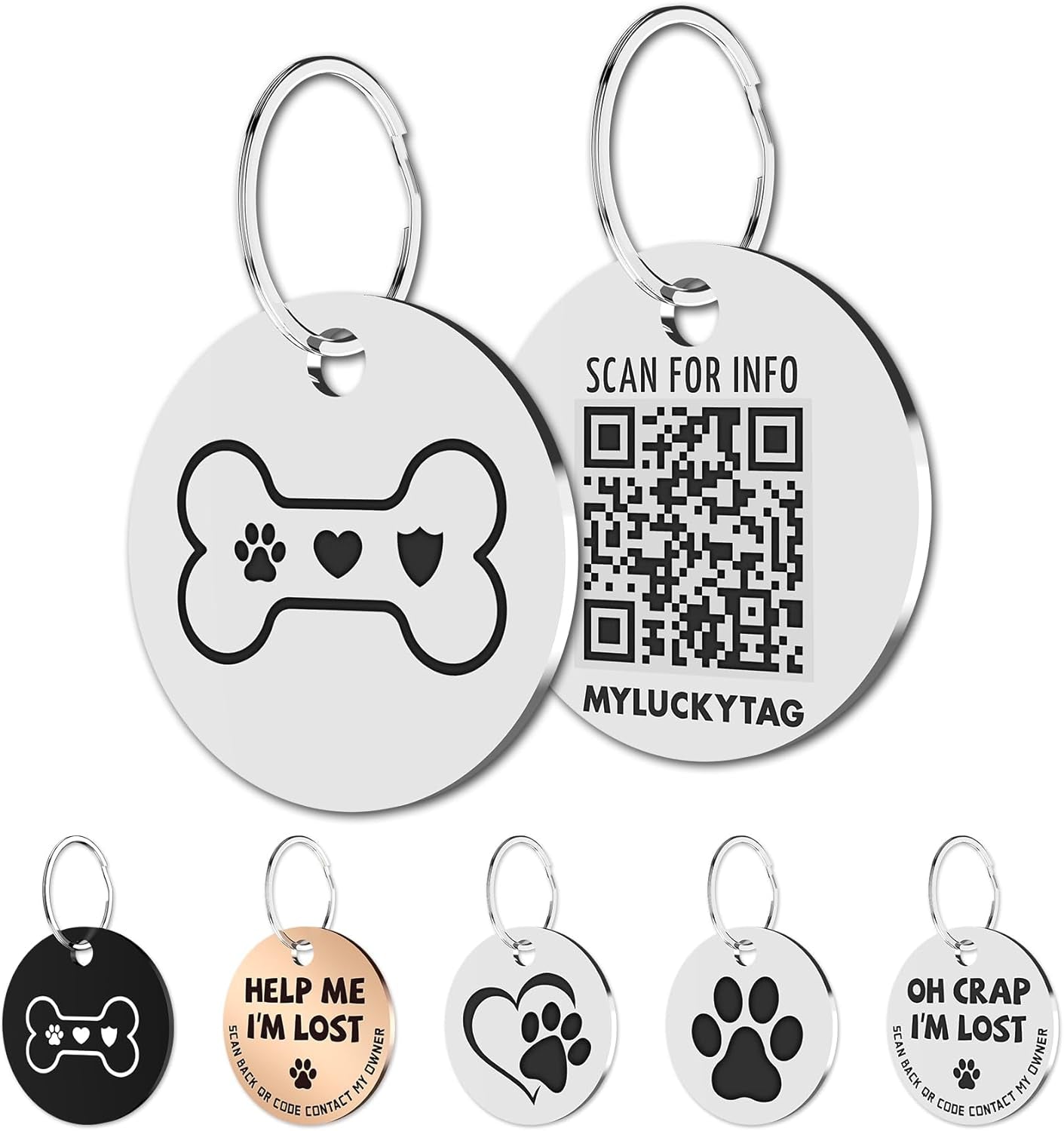 Stainless Steel QR Code Pet ID Tags Dog Tags - Pet Online Profile - Scan QR Receive Instant Pet Location Alert Email